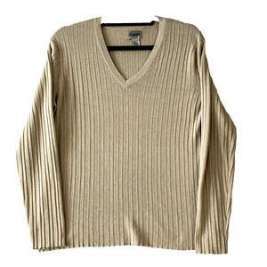 Chicos Womens Size 3  V Neck Sweater Ribbed Beige Gold Threads Metallic Stretchy